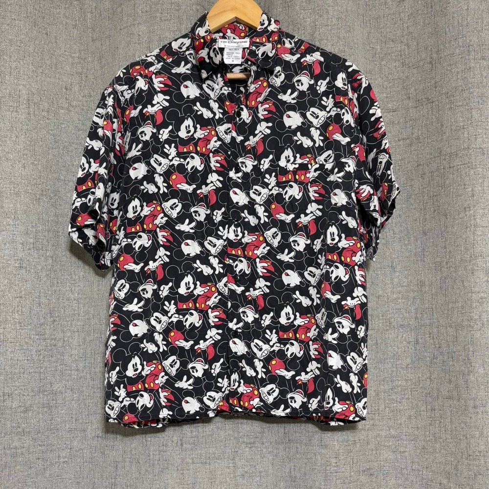 Disney Store Men M Black 100% Silk Mickey Mouse Short Sleeve Button Up Shirt